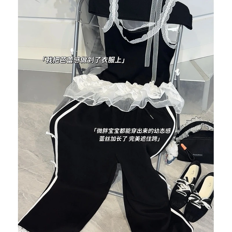 （黑天鹅）韩系春夏甜美修身蕾丝花边吊带蝴蝶结条纹休闲阔腿裤400