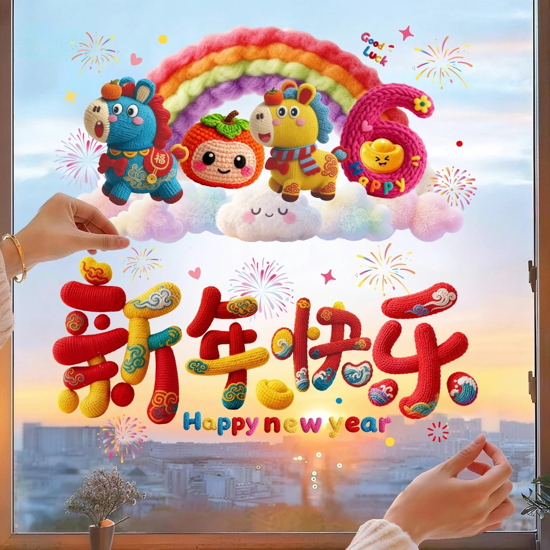 【2张装】2026马年新款仿针织窗花贴过年贴纸玻璃贴静电贴橱窗布置