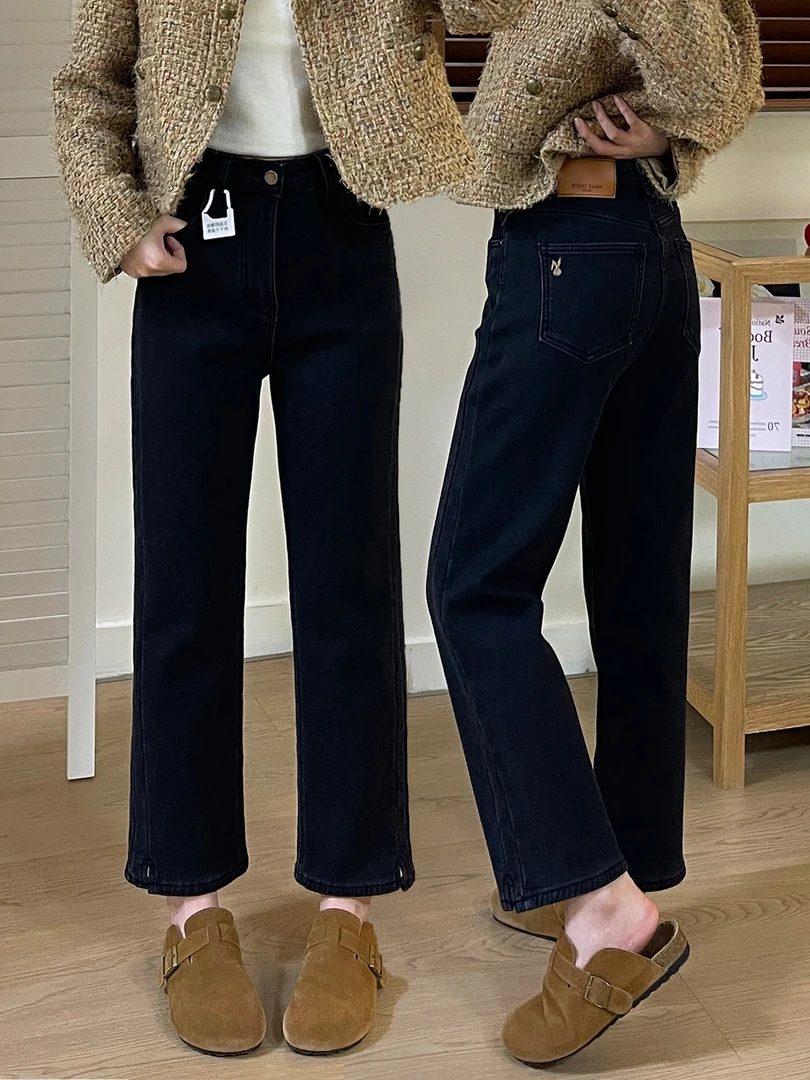 冬季加绒加厚窄版直筒小黑裤女微胖大码修身遮肉显瘦牛仔烟管裤