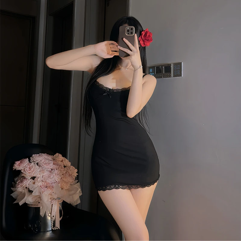 纯欲辣妹蕾丝花边睡裙性感深v包臀制服睡衣套装