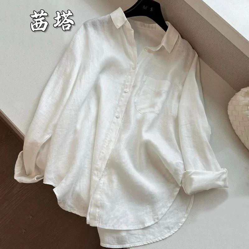 2025新款冰丝白色防晒衬衫女夏季薄款宽松慵懒风衬衣外搭开衫上衣