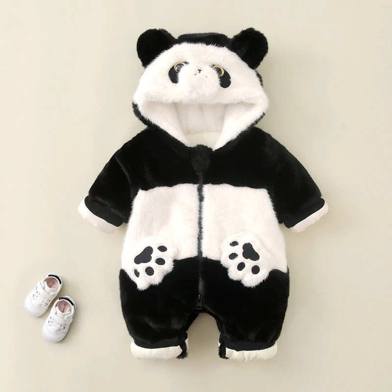 超可爱超萌熊猫爬服睡衣连体衣秋冬婴儿毛绒连体衣加厚冬新生儿