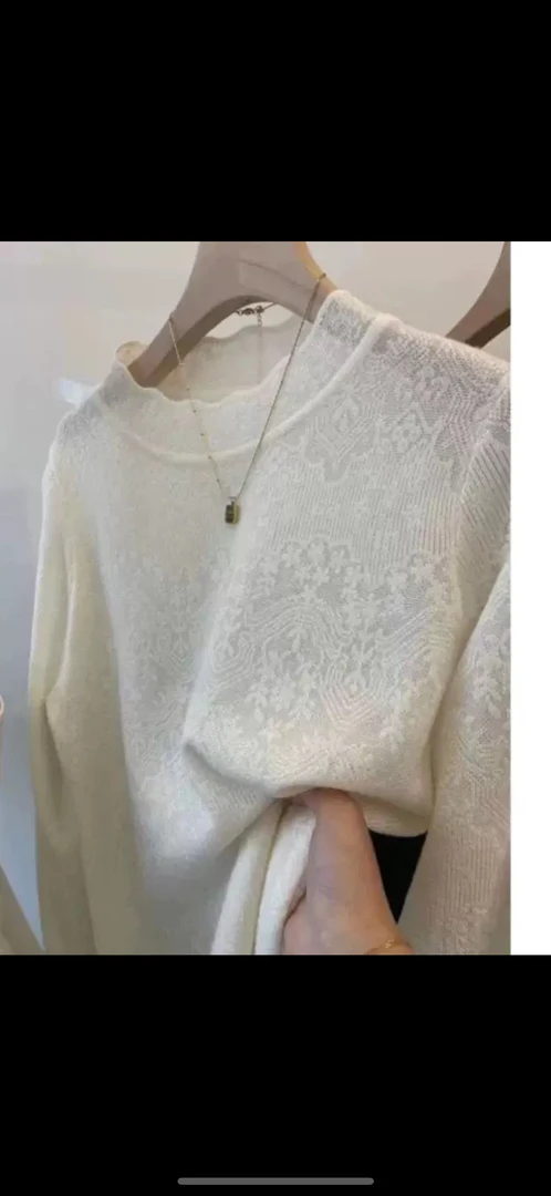 气质暗纹花纹蕾丝花边领针织衫女打底毛衣减龄