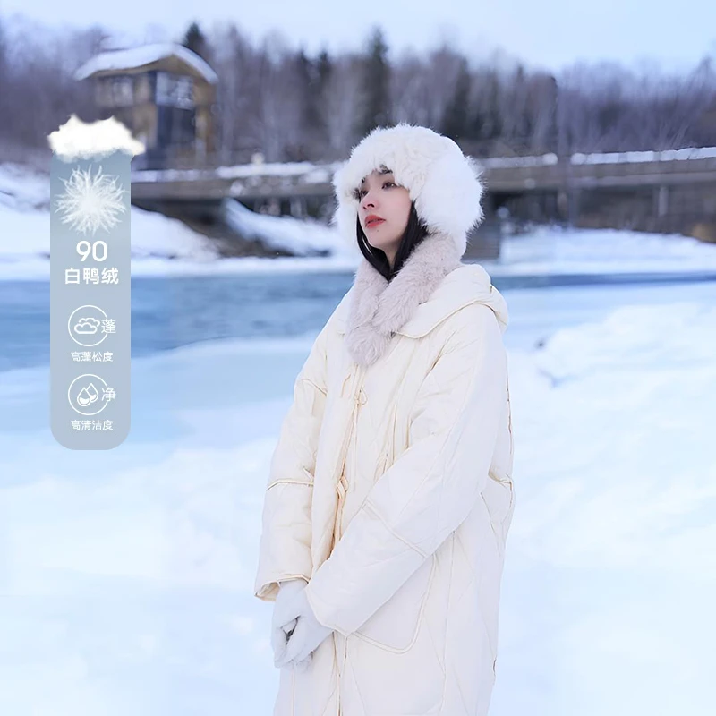 雪中飞新中式羽绒服保暖时尚长款羽绒服百搭冬季连帽90白鸭绒女款