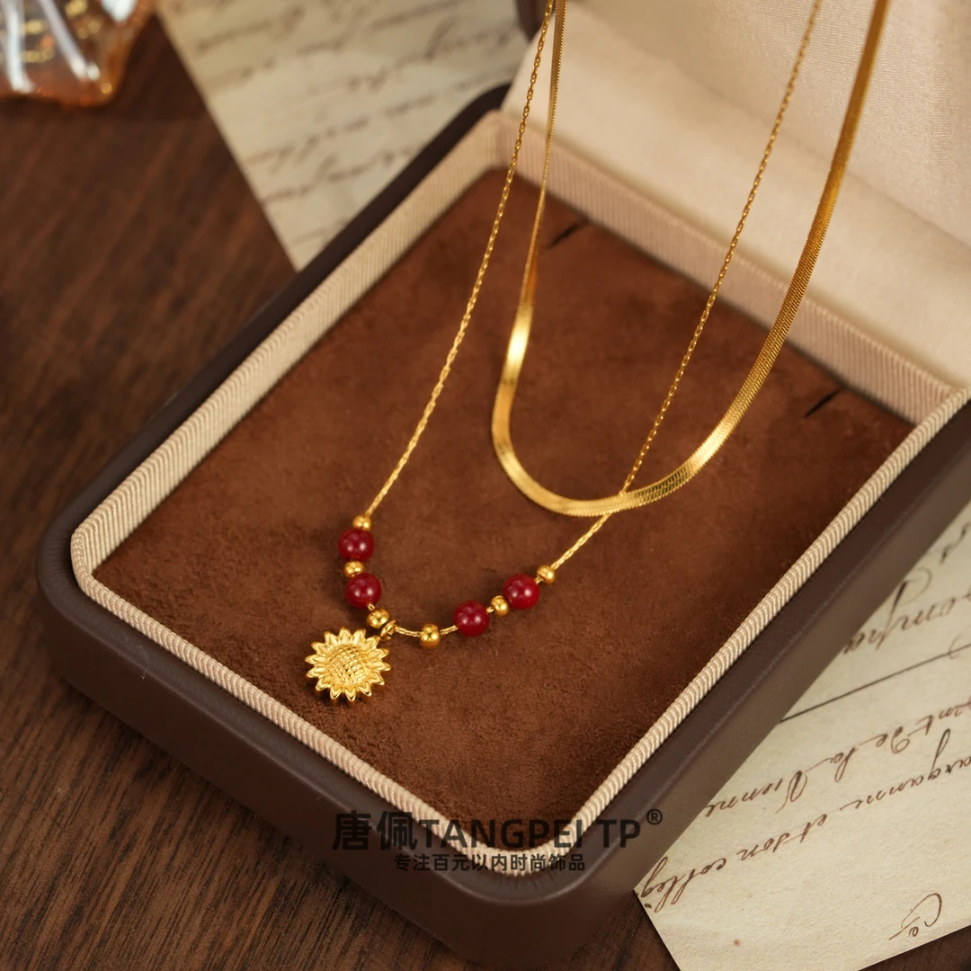 不锈钢亚克力项链 设计感双层太阳花串珠项链复古小众时尚饰品