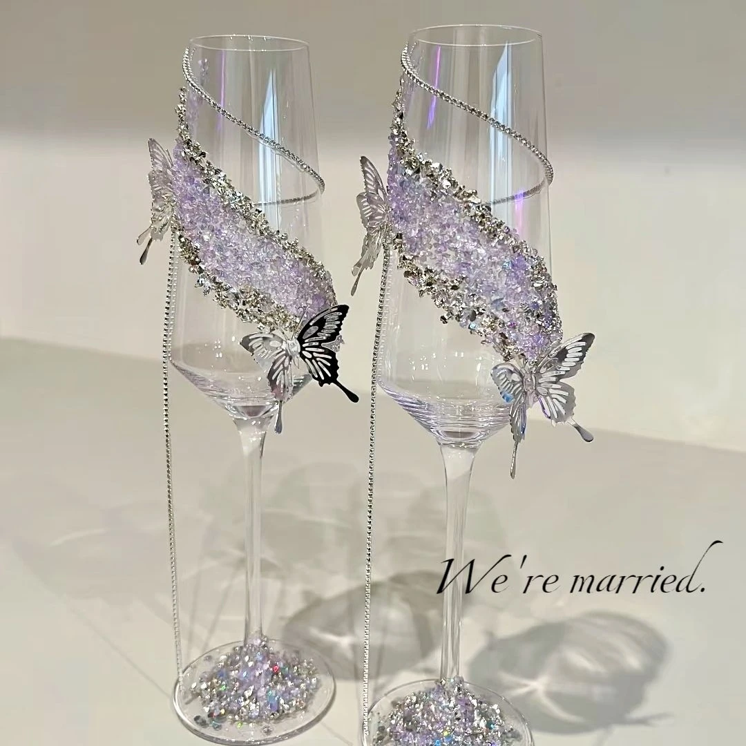 紫色流苏碎砖蝴蝶敬酒杯手工diy材料包婚礼高级感香槟杯高杯