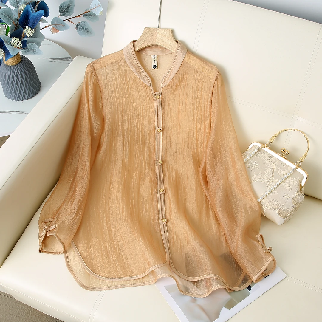 透气百搭立领排扣小衫-1