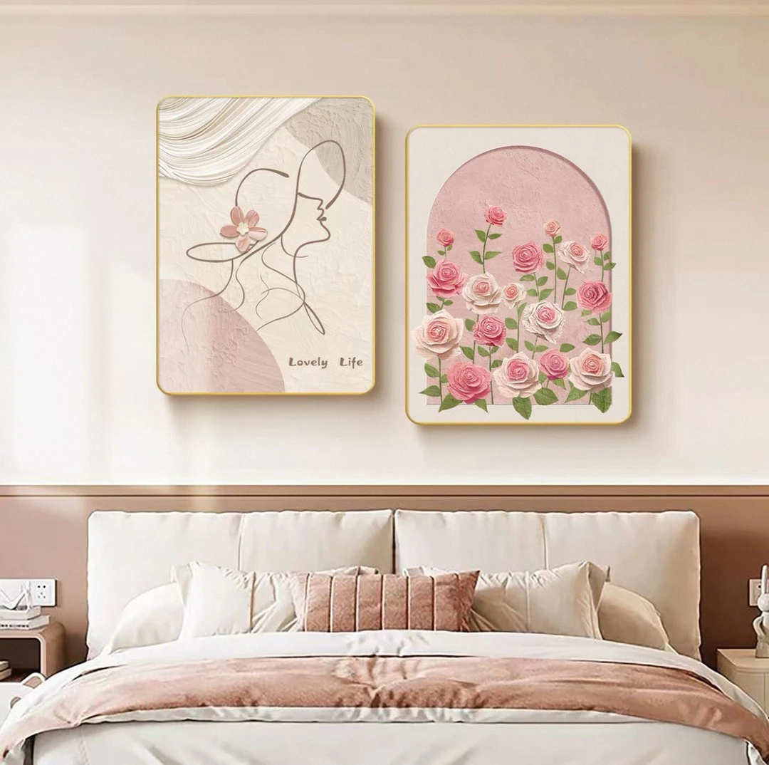 053/奶油风高级感卧室床头装饰画简约大气玫瑰花主卧背景墙挂画