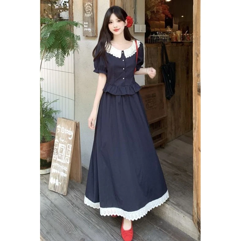 大码女装夏季韩系甜美花边短袖衬衫高腰半身裙减龄两件套时尚穿搭