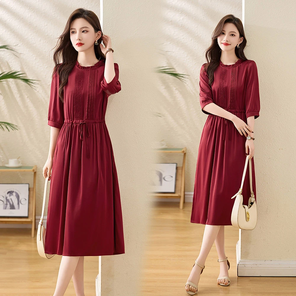 气质名媛优雅连衣裙女夏季新款褶皱抽绳收腰显瘦落肩中袖裙子