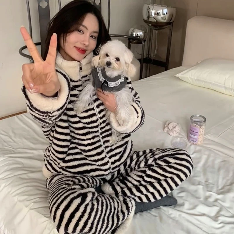 慵懒风韩系条纹撞色立领居家服套装女亲肤保暖加厚睡衣2024秋冬款