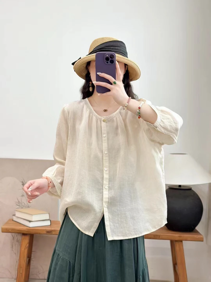 夏季新款韩版设计感2025宽松百搭100苎麻气质短袖圆领衫麻料上衣