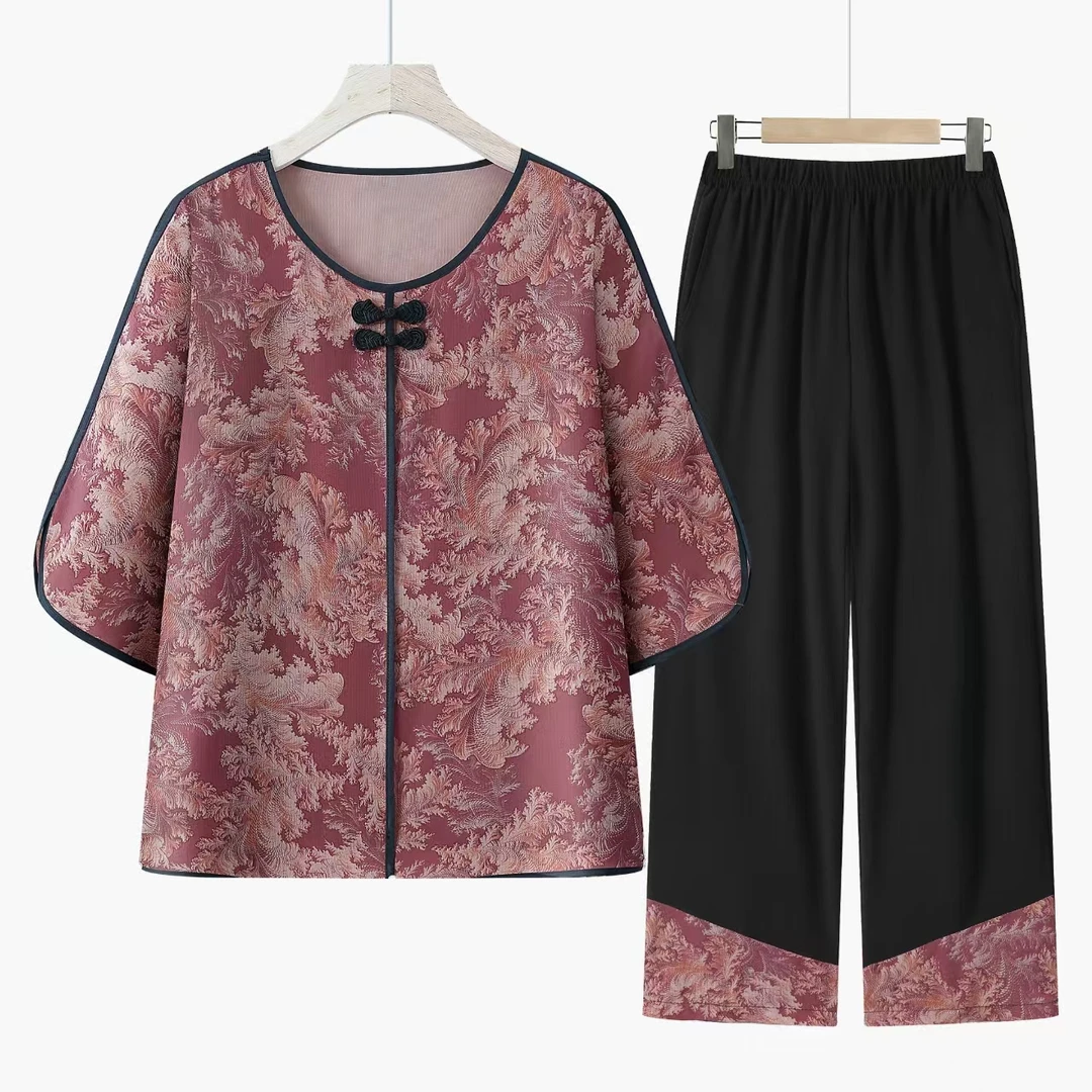 9063-夏季新款新中式中袖时尚洋气高档妈妈装套装女（康燕）