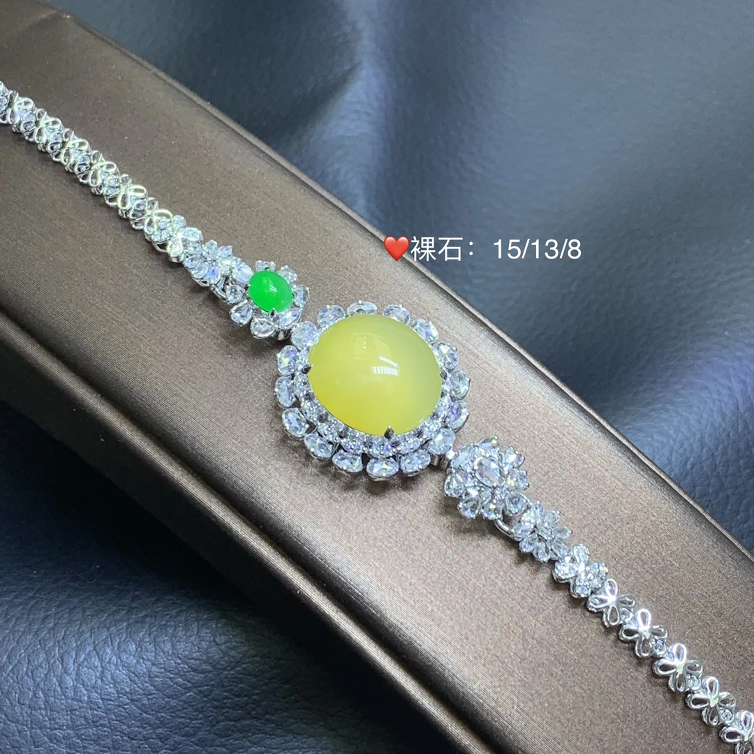 新品推荐·18k金冰黄翡蛋面豪镶三用款吊坠手链戒指翡翠玉石缅A