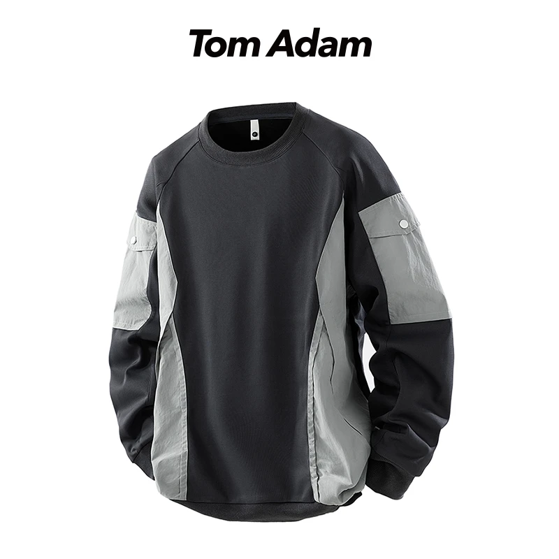 TOMADAM潮流痞帅拼接圆领卫衣男春秋2025新款宽松百搭套头上衣