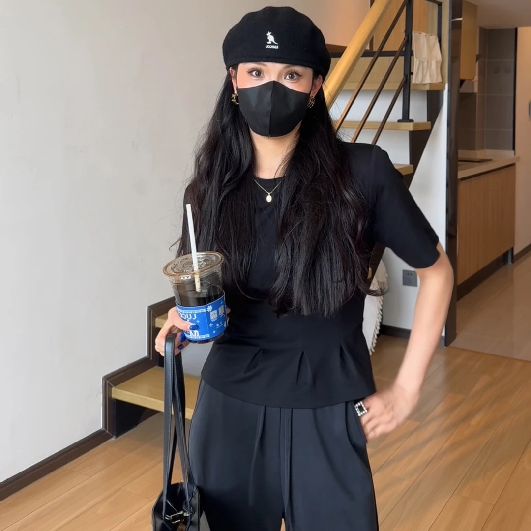 小个子定制新款设计感正肩褶皱圆领短袖T恤女Xs码