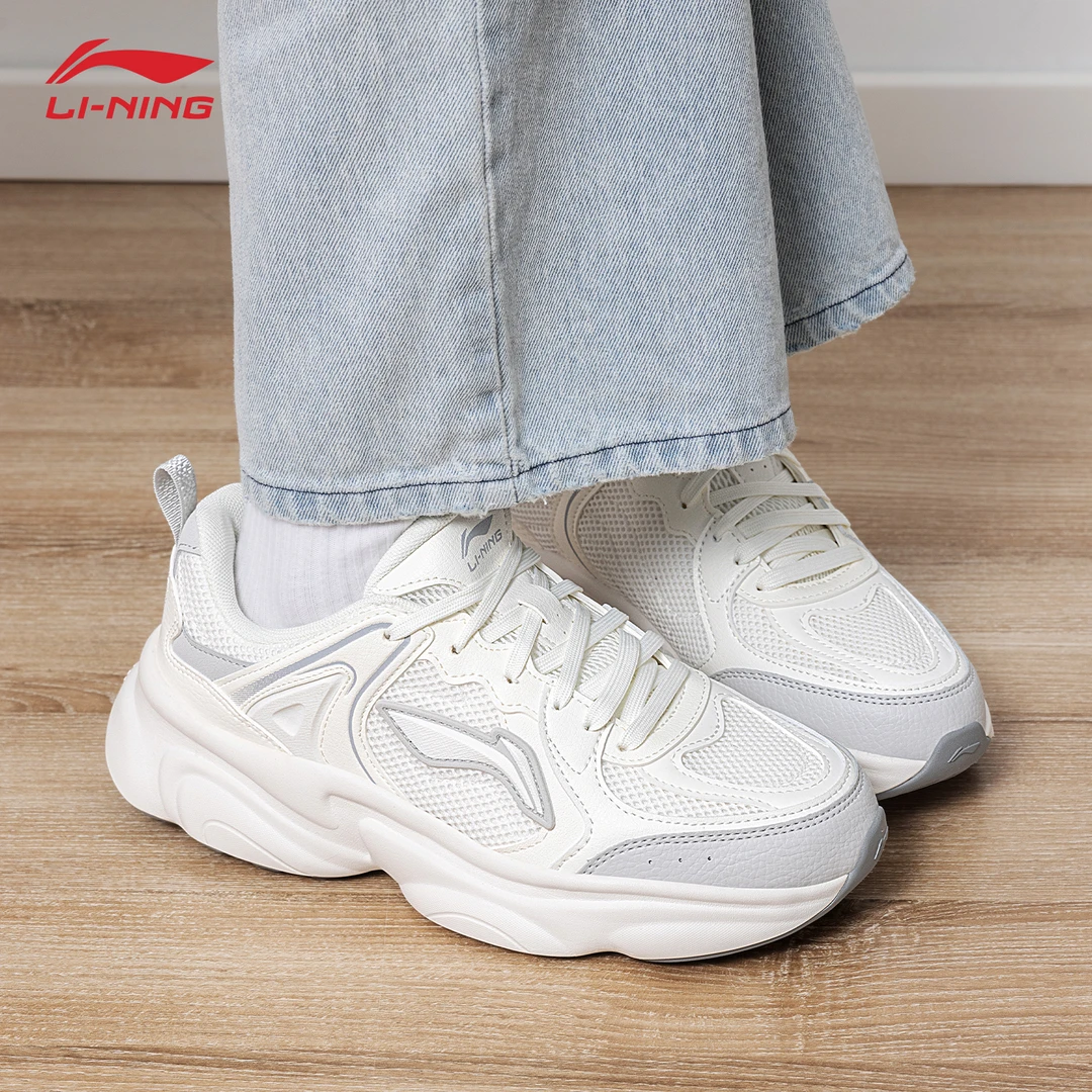 李宁奶椰女鞋老爹鞋网面透气厚底增高百搭旅游鞋休闲白色运动鞋女