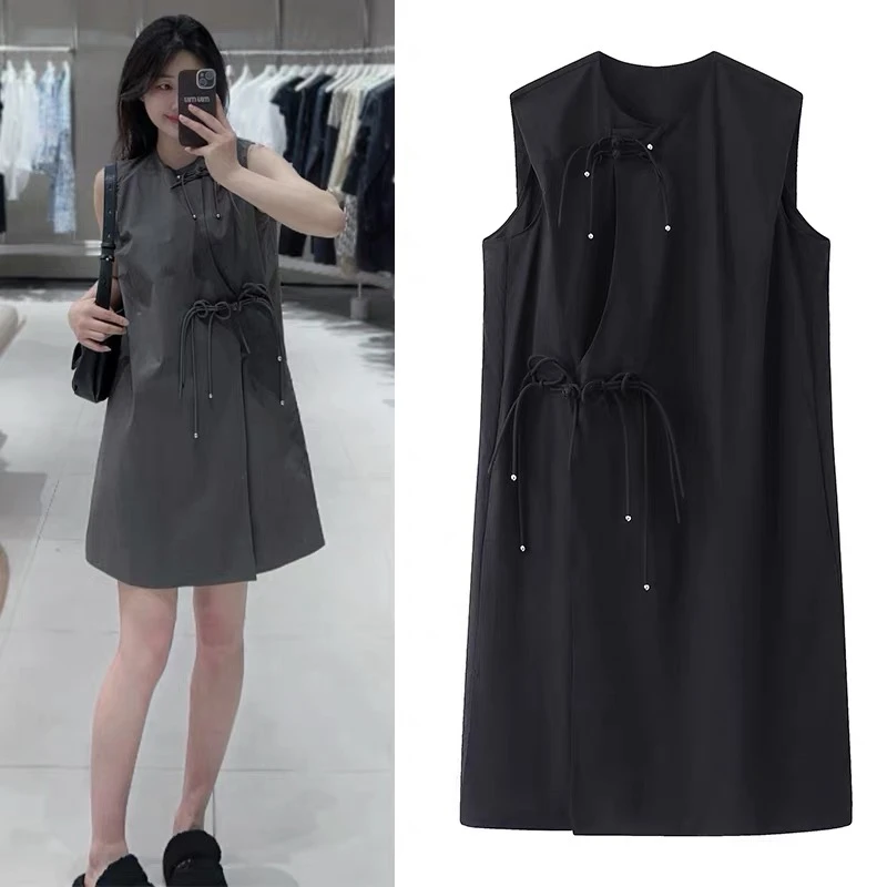 1951夏季2025新款复古国风圆领盘扣休闲直筒无袖背心裙