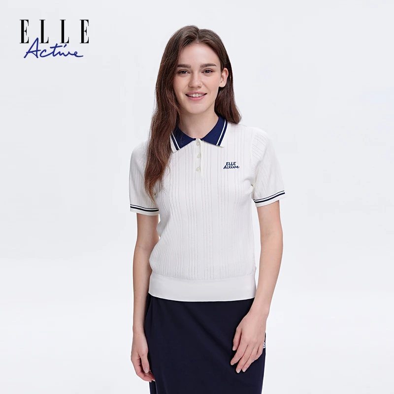 ELLE Active短袖肌理感针织衫撞色翻领竖坑条休闲polo领t恤女夏装