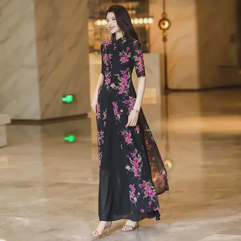 2025夏季新款中式国风连衣裙高级气质时尚显瘦碎花轻奢过膝长裙女