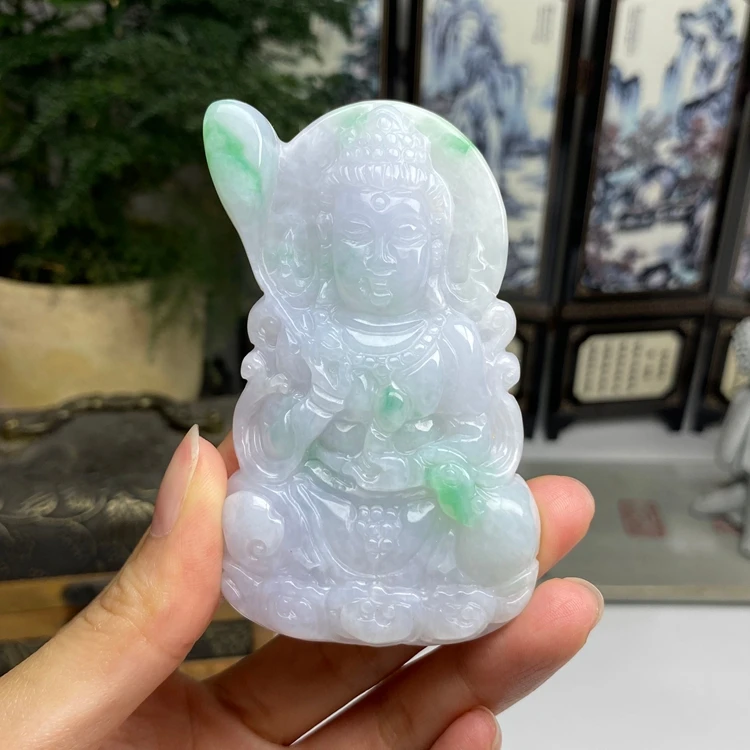 糯种飘阳绿白底青观音渡母挂件 天然翡翠A货