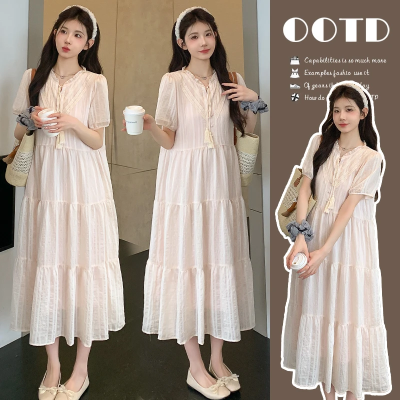 2025时尚甜美夏季法式蕾丝拼接提花连衣裙大码连衣裙