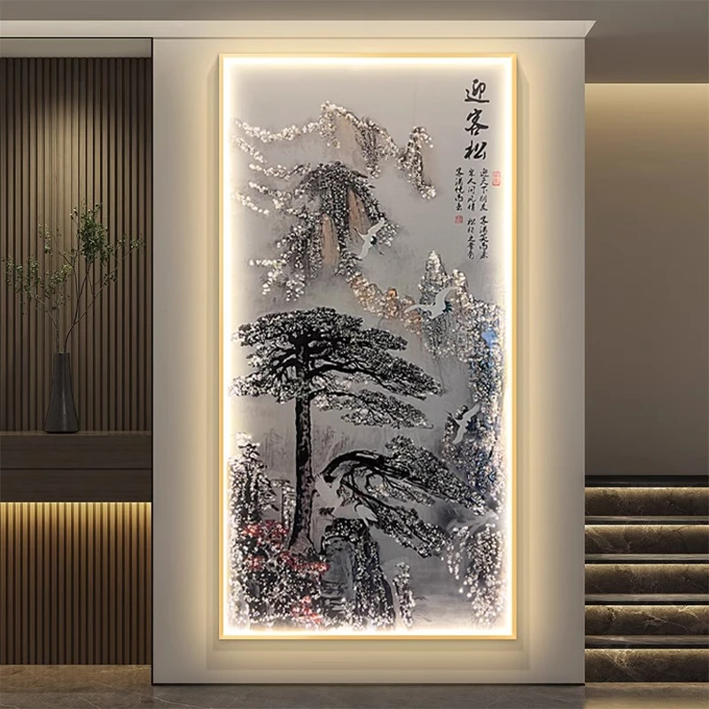 轻奢大气玄关装饰画迎客松玄关走廊过道挂画入户新中式led灯光画