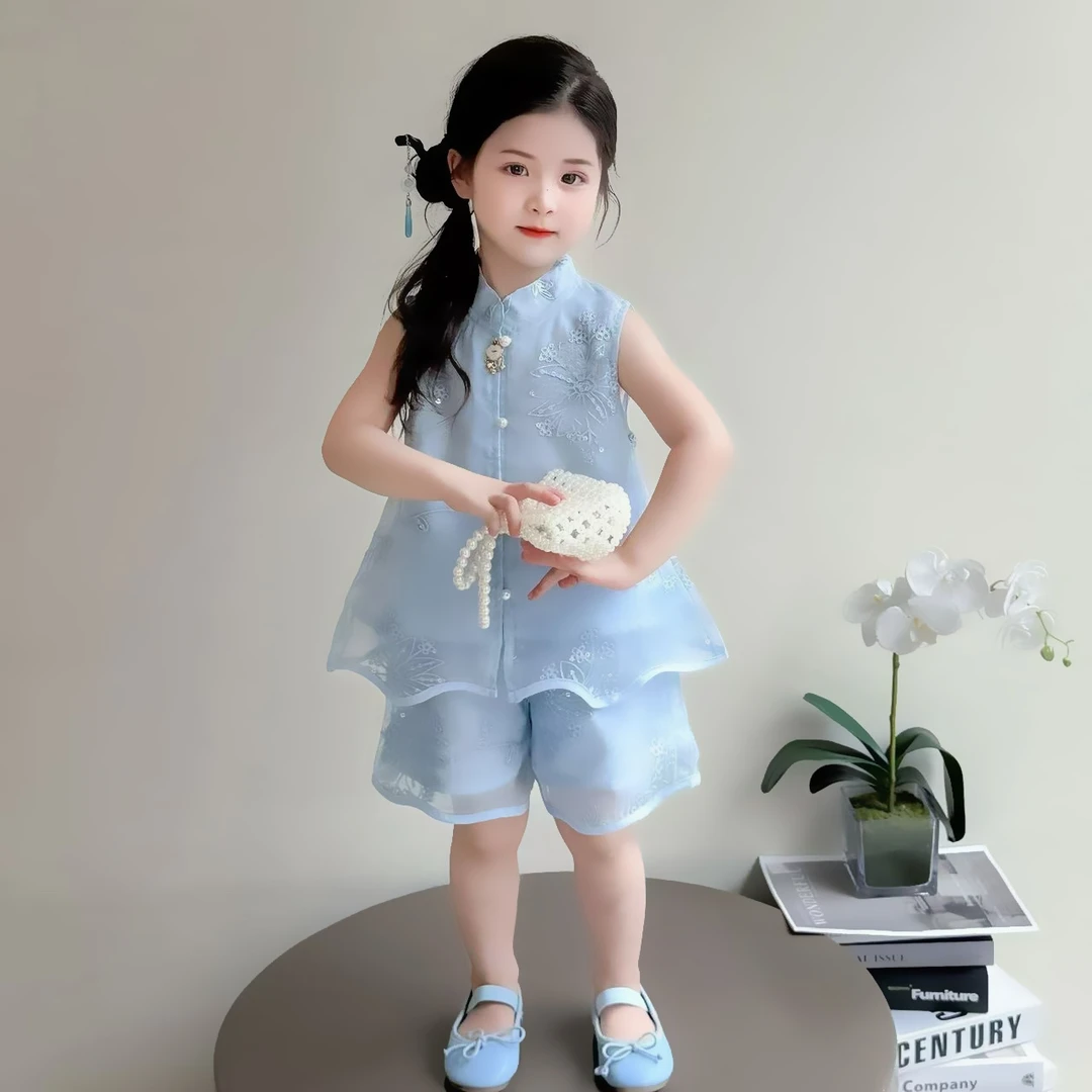 女童夏季新款新中式国风套装无袖上衣短裤两件套女宝宝夏天凉爽
