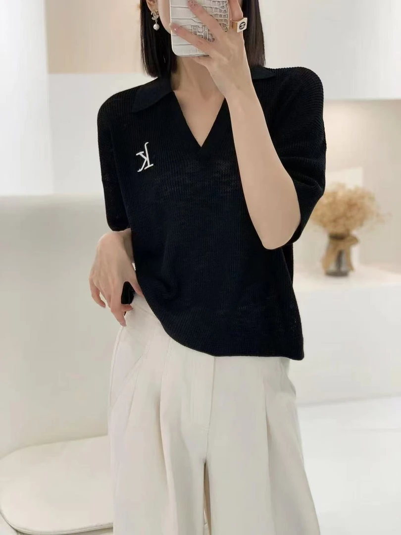 009-3302 字母POLO领V领短袖针织衫T恤