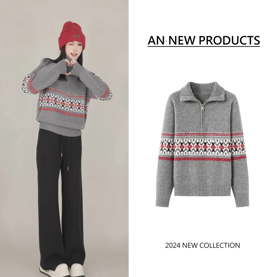 【时尚独白】B11293冬季新款时尚半拉链复古卡通图案套头立领毛衣