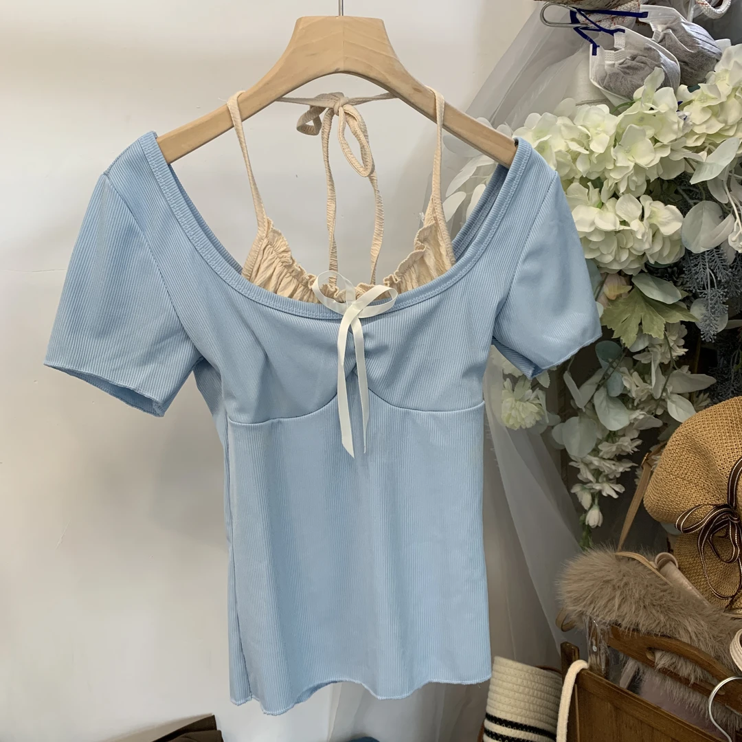 【奶油甜心】9170假两件挂脖系带短袖上衣