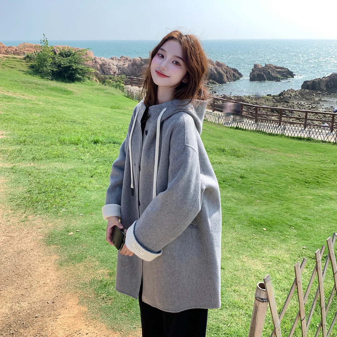 韩系通勤设计感简约双面呢短外套女2025冬季新款冬季加厚羊毛大衣