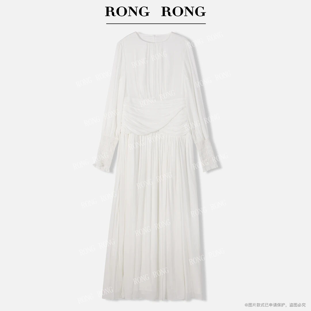 溶溶【纯白茉莉】RONGRONG 醋酸手工收碎褶收腰优雅连衣裙F26QL260