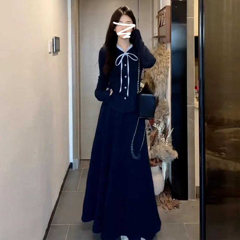 7463法式蓝色长袖针织毛衣连衣裙子女秋冬季2024新款打底长裙套装