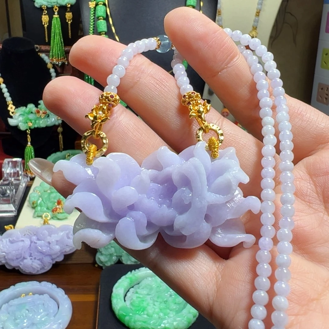 翡翠未镶嵌毛衣链紫莲花