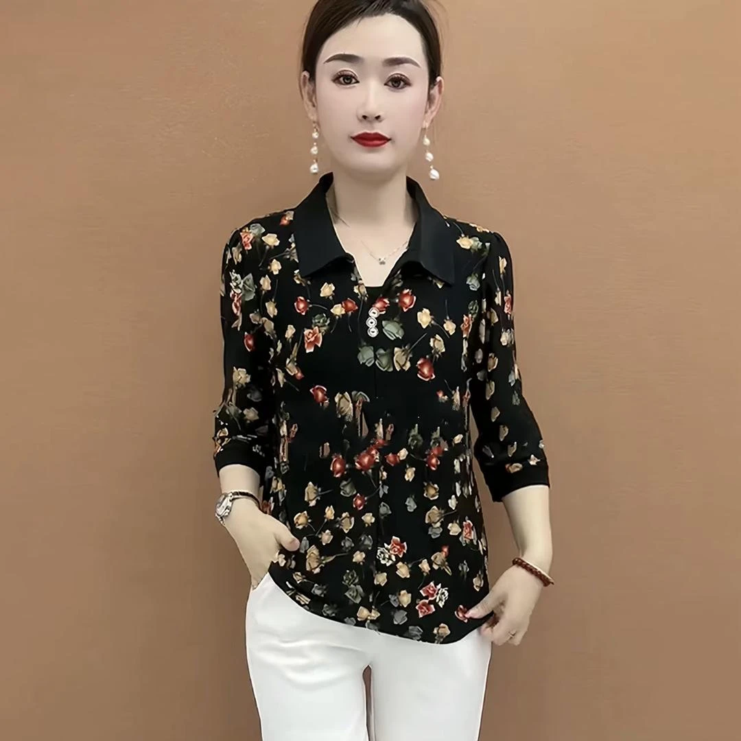 2024时尚中年妈妈装花衫气质休闲翻领百搭T恤宽松印花中袖上衣女
