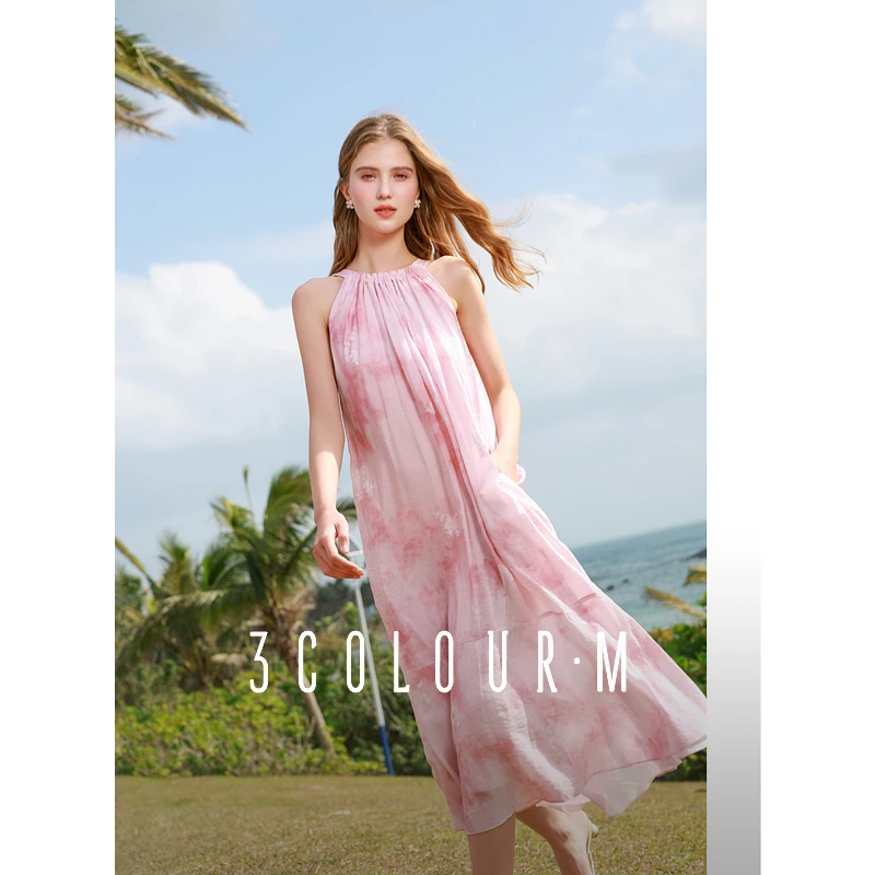 【三彩小樱花】2025夏季新款挂脖连衣裙无袖长裙宽松度假裙女M