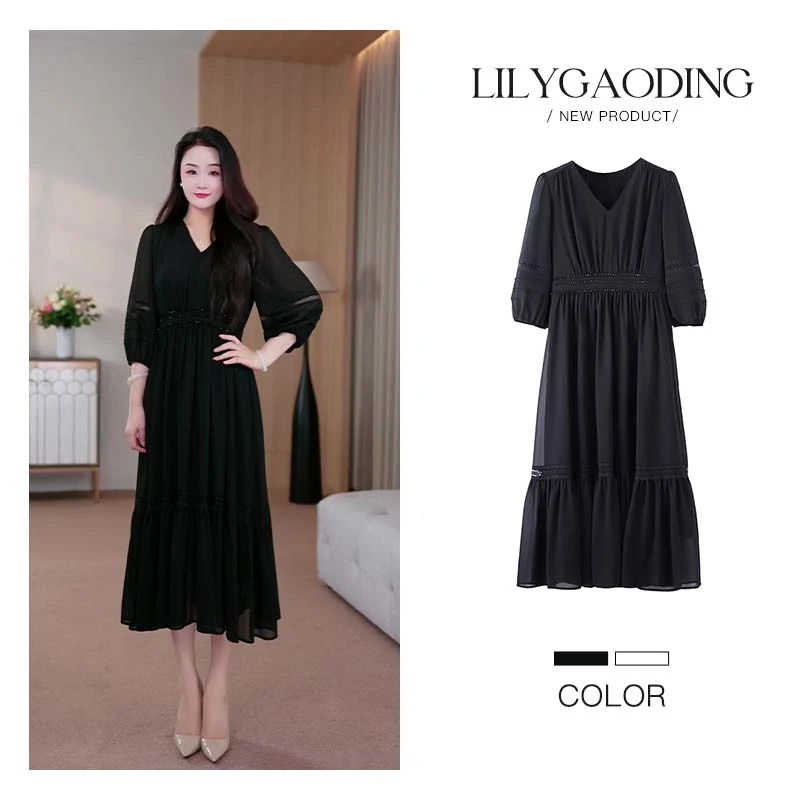 莉莉定制大码女装夏款V领精致气质高级感黑色中长款连衣裙ZB6922