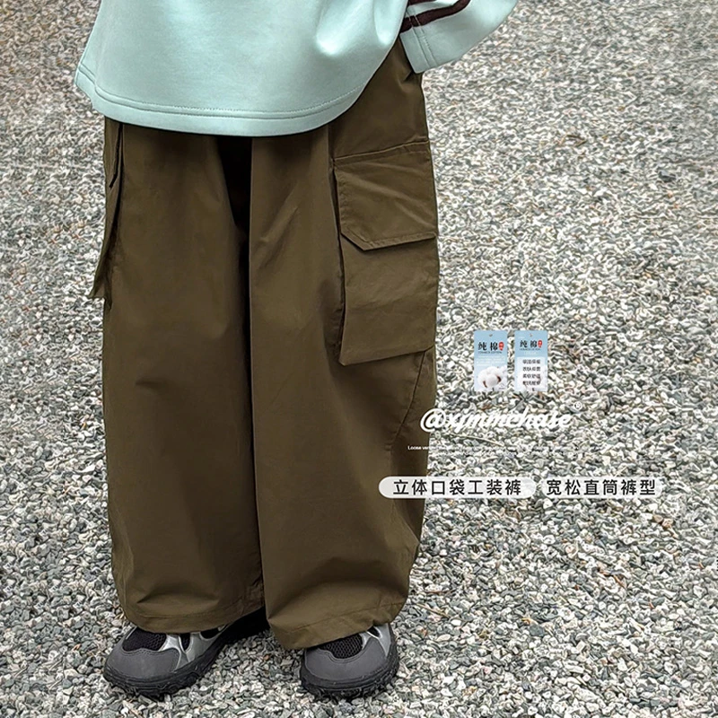虾酱麻麻男童纯棉工装裤春秋季2025新款男孩宽松大口袋儿童装裤子