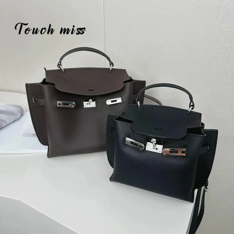 TOUCH MISS小众设计牛皮手提托特包女2025新款时尚锁扣单肩斜挎包