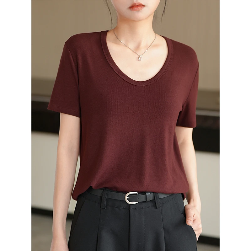 安可拉红V领短袖T恤女2025夏季新款韩版正肩百搭显瘦休闲体恤上衣