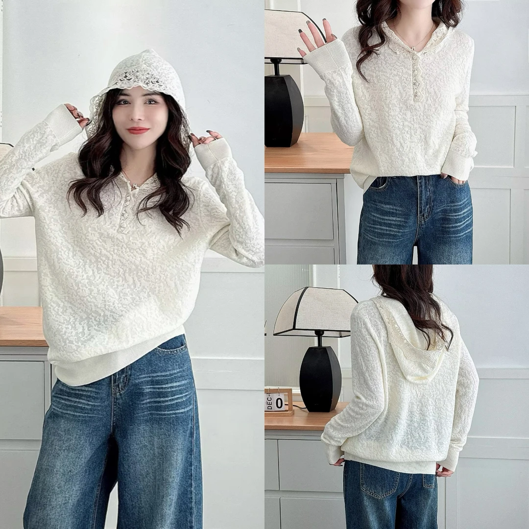 JIANAOBEN/简澳本大码高级感蕾丝连帽针织衫女洋气显瘦内搭帽衫