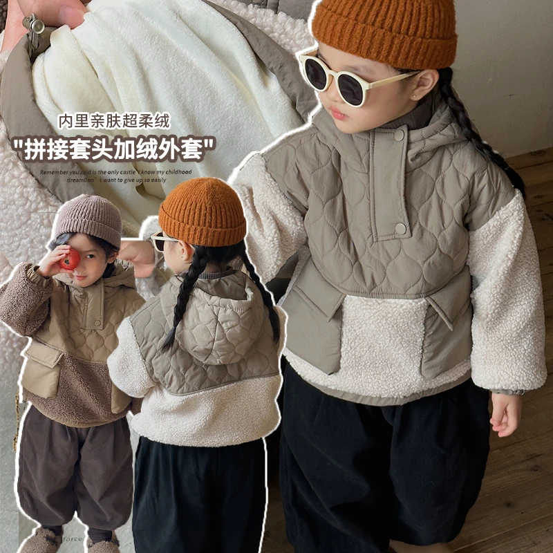 【反季清仓】男童女童绗棉加绒外套时尚韩版儿童连帽套头棉服WX99