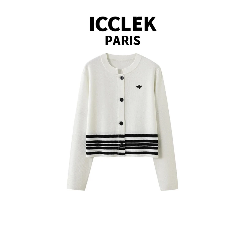 ICCLEK 条纹圆领宽松针织衫 气质 轻奢 名媛 -3035