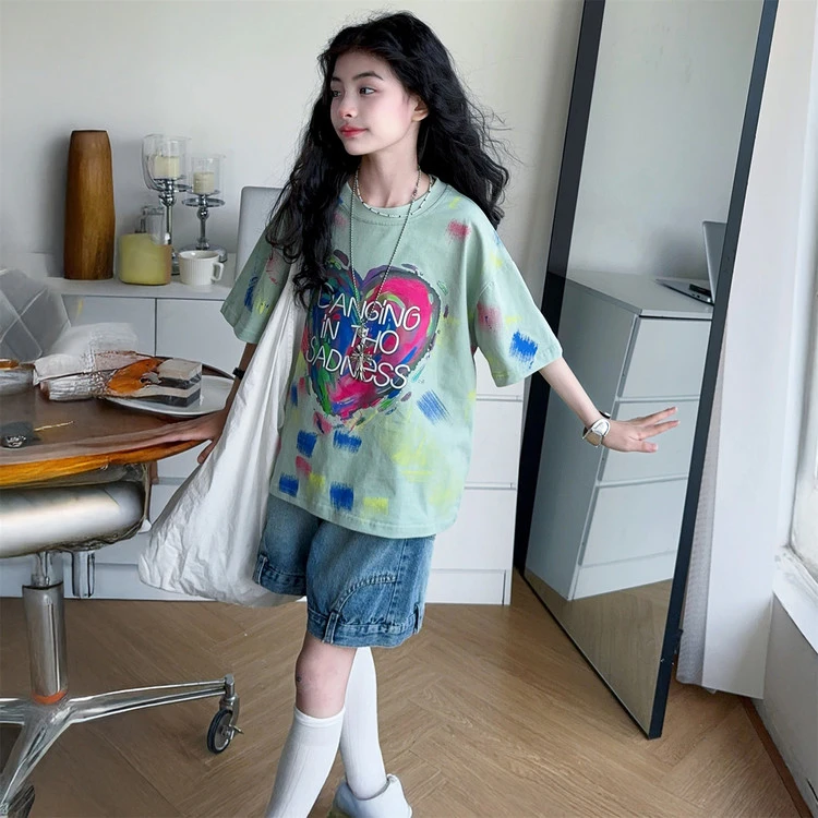 女童夏季休闲涂鸦短袖T恤高腰牛仔短裤套装2025新款大童学生夏装