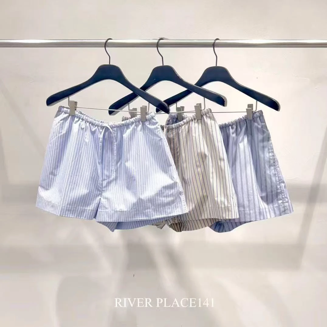 韩国东大门2025年春夏river松紧腰系带条纹休闲百搭宽松短裤