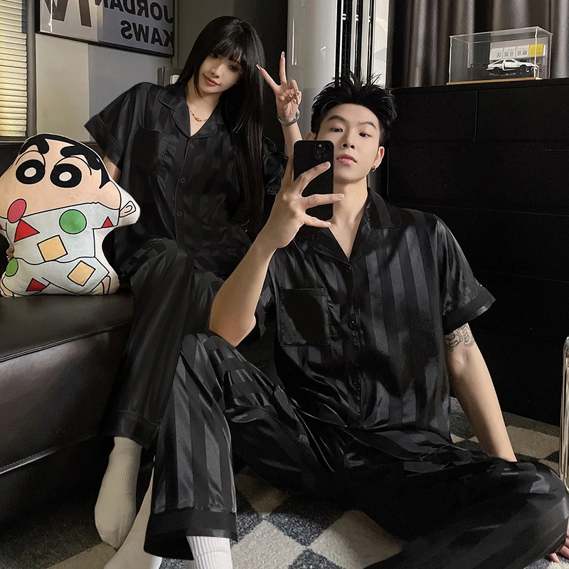 情侣睡衣女夏季冰丝2025新款短袖长裤爆款大码男士夏天家居服套装