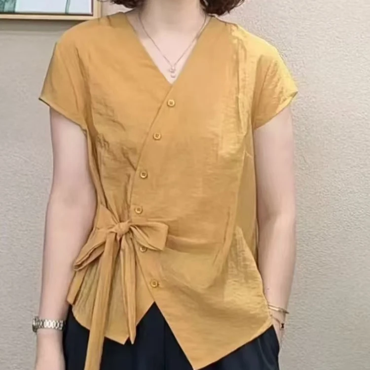 系带休闲小众套装V领法式夏季女款纯色T恤百搭短袖