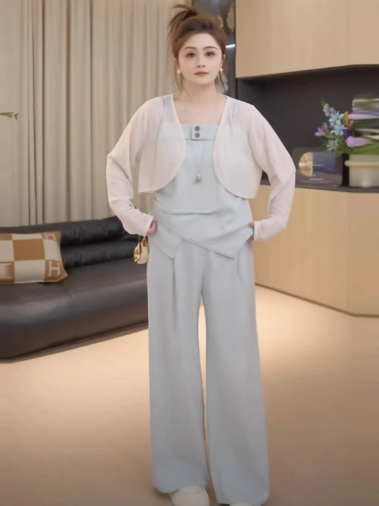 胖佳大码法式气质时尚套装女夏新款胖mm吊带裤子开衫搭配一整套