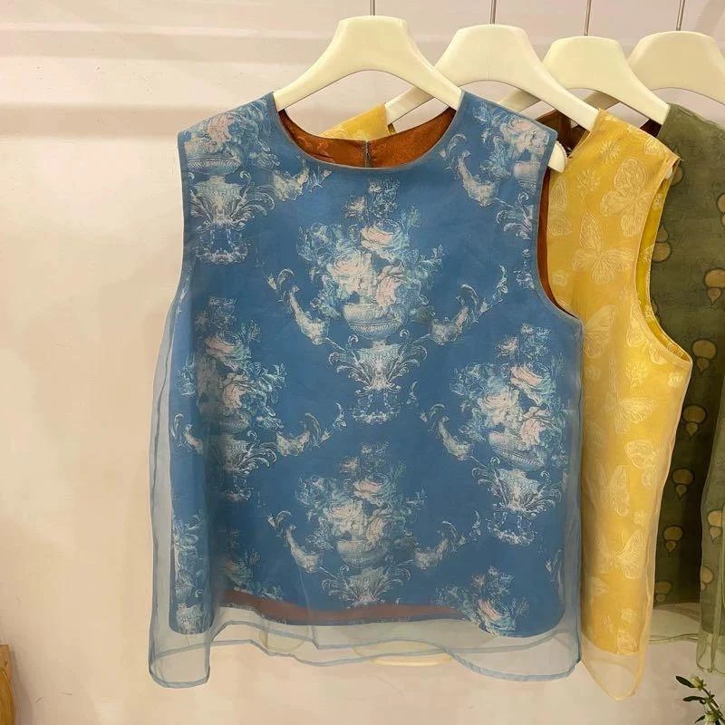 中式国风圆领人丝提花无袖马甲99665